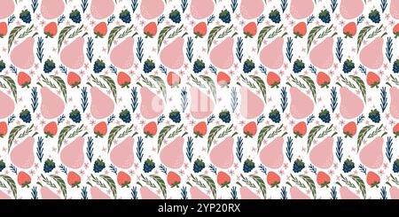 Farbenfrohes Muster mit Birnen, Beeren, Blättern und floralen Elementen, perfekt für Sommermotive. Stock Vektor