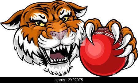 Tiger Cricket Ball Tiersport-Team Maskottchen Stock Vektor