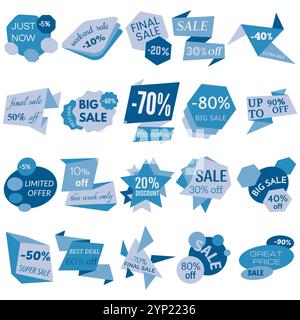 Set mit Rabattetiketten, Etiketten, Emblemen. Online-Sammlung mit Aufklebern und Abzeichen zum Verkauf. Isolierte Vektordarstellung. Stock Vektor