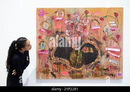Thaddaeus Ropac, London, Großbritannien. November 2024. Joan Snyder: Body & Soul (28. November 2024-2, Februar 2025), eine Einzelausstellung des abstrakten Werkes des amerikanischen Künstlers. Joan Snyder (* 1940) ist ein MacArthur Fellow, ein Guggenheim Fellow und ein National Endowment for the Arts Fellow. Bild: Joan Snyder. Roses for Souls, 2024. Quelle: Malcolm Park/Alamy Live News Stockfoto