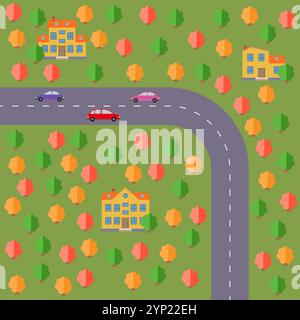 Plan des Dorfes. Landschaft mit Straße, Wald, Autos und Häusern. Vektorabbildung Stock Vektor