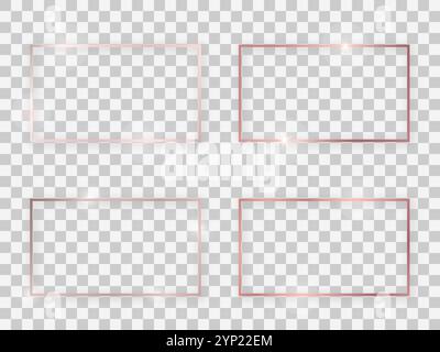 Set mit vier glänzenden rechteckigen 16 x 9-Rahmen aus Roségold mit leuchtenden Effekten und Schatten auf transparentem Hintergrund. Vektorabbildung Stock Vektor