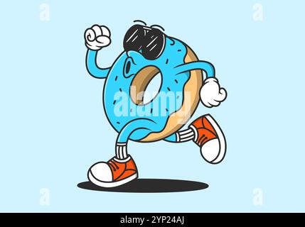 Donut, lass die Welt umlaufen. Vintage-Retro-Maskottchen mit Donut-Charakter in Laufposition, in blauen Farben Stock Vektor