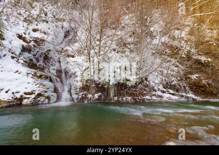 Landschaft mit kleinem Wasserfall im Winterwald. Gefrorenes Wasser und blattlose Bäume auf dem schneebedeckten Hügel Stockfoto