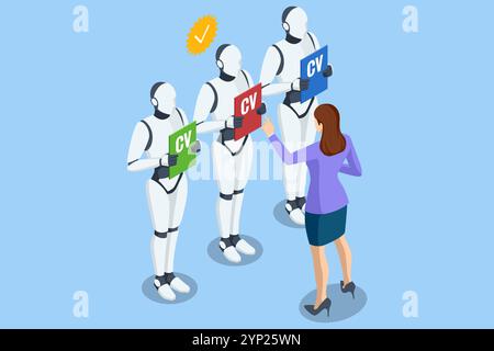 Isometrische Einstellungs- und Rekrutierungsroboter werden für eine Stelle statt eines menschlichen Kandidaten ausgewählt. Digitale Bewerbungsgespräche, in denen künstliche Intelligenz überstrahlt Stock Vektor