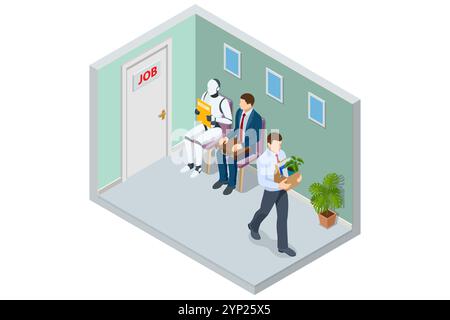 Isometrische Einstellungs- und Rekrutierungsroboter werden für eine Stelle anstelle eines menschlichen Kandidaten ausgewählt. Digitale Bewerbungsgespräche, in denen künstliche Intelligenz überstrahlt Stock Vektor