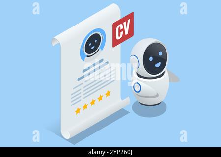 Isometrische Einstellungs- und Rekrutierungsroboter werden für eine Stelle statt eines menschlichen Kandidaten ausgewählt. Digitale Bewerbungsgespräche, in denen künstliche Intelligenz überstrahlt Stock Vektor