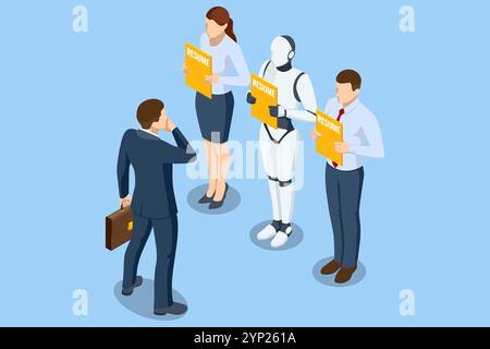Isometrische Einstellungs- und Rekrutierungsroboter werden für eine Stelle statt eines menschlichen Kandidaten ausgewählt. Digitale Bewerbungsgespräche, in denen künstliche Intelligenz überstrahlt Stock Vektor
