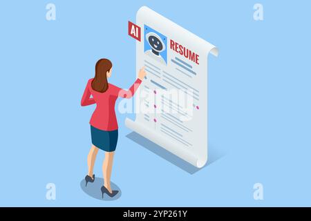 Isometrische Einstellungs- und Rekrutierungsroboter werden für eine Stelle statt eines menschlichen Kandidaten ausgewählt. Digitale Bewerbungsgespräche, in denen künstliche Intelligenz überstrahlt Stock Vektor