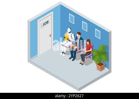 Isometrische Einstellungs- und Rekrutierungsroboter werden für eine Stelle statt eines menschlichen Kandidaten ausgewählt. Digitale Bewerbungsgespräche, in denen künstliche Intelligenz überstrahlt Stock Vektor