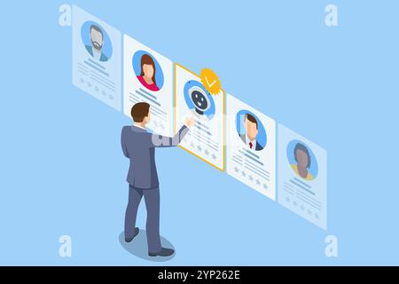 Isometrische Einstellungs- und Rekrutierungsroboter werden für eine Stelle statt eines menschlichen Kandidaten ausgewählt. Digitale Bewerbungsgespräche, in denen künstliche Intelligenz überstrahlt Stock Vektor