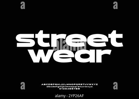 Moderne breite Streetwear Stil Alphabet Anzeige Schriftvektor. Trendige urbane Schrift Stock Vektor