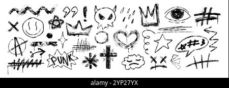 Handgezeichnete Kritzelpinsel- und Kreidestriche, Kritzeleien, Unterstriche, Pfeile, wellige Linien, Punkte, Sterne, Krone, Böse und Lächeln. Set aus schwarzen Grunge-Markierungen, Emoticons, Buntstift-Sprechblase im Graffiti-Stil Stock Vektor