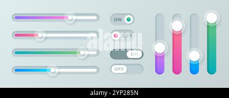 Vektorsatz mit Bildlaufleisten-Symbolen. Farbige Schieberegler, Computer-Bildlaufleisten. Webdesign-Elemente für Website, App-Benutzeroberfläche oder Internetseite. Helligkeitsregler, ein- und Ausschalten der Kippschalter Stock Vektor