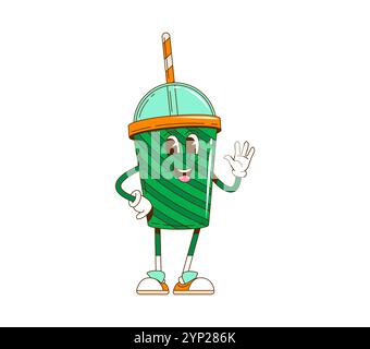 Grooviger Retro-Cartoon Saint Patrick Day Cocktail Charakter für irische Feiertage, lustiger Vektor-Comic. Grooviger Cartoon-Smoothie oder Milchshake-Drink mit grünen Streifen und Happy Face, St. Patrick Day-Charakter Stock Vektor