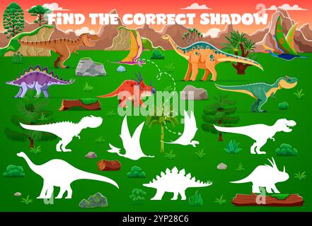 Finde den richtigen Schatten prähistorischer Dinosaurier auf dem Arbeitsblatt für Kinder, dem Cartoonvektor. Finden Sie das richtige Schattenspiel mit T Rex tyrannosaurus, Dinosaurierechsen und jurassischen Reptilien Stock Vektor