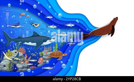 Zeichentrickfilm Unterwassertiere und Meereslandschaft mit Wellen, Robben, Haien und Meereslebewesen. 3D-Vektor-Banner, Tiefe des Ozeans wimmelt von lebendigen Korallen und Fischen, Schildkröten, Stachelrochen und Algen Stock Vektor
