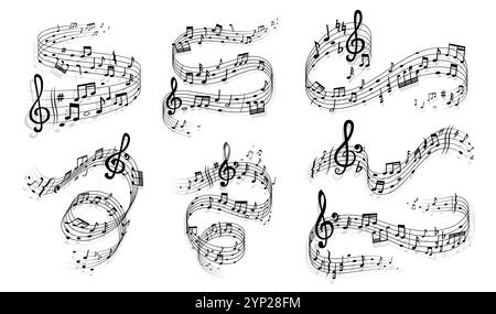 Liedwellen mit Noten, Symbolen und Schildern. Vektorwirbel, Wellen und Kurven abstrakter Notensysteme, Höhen- und Bass-klammern, Tasten, Resten und Barlinien. Notenzeichen gesetzt Stock Vektor