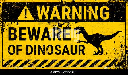Dinosaurier Warnung Grunge Metall Schild mit Vektor Silhouette von Velociraptor, Warnung gelbes Band und Dreieck Symbol. Achten Sie auf Dinosaurier-Warnbanner oder Aufkleber mit brüllenden Dino-Tieren Stock Vektor