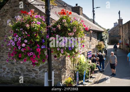 Großbritannien, Wales, Gwynedd, Snowdonia, Beddgelert, Hängekorb mit blumenmuster an der Lampe in der Mitte des Dorfes Stockfoto