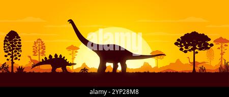 Riesige Dinosaurier-Silhouetten auf Sonnenuntergangslandschaft im Wald der Jurassic-Ära, Vektor-Hintergrund. Silhouette der Dinosaurier-Eidechsen in prähistorischer Karikaturlandschaft des Bergtals Sonnenuntergang für das Paläontologiemuseum Stock Vektor