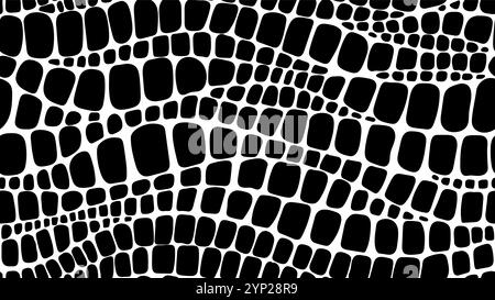 Krokodil-, Dinosaurier- und Schlangentier Hautmuster, Reptilienledervektor-Hintergrund mit schwarzer und weißer Schuppenstruktur. Abstrakter moderner geometrischer Hintergrund mit Alligatorkrokodil-Hautmuster Stock Vektor