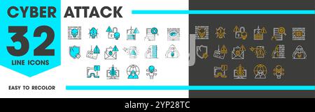 Cyber-Angriffssymbole für Computerhacker, digitale Kriminalität und Internetbetrug, Symbole für Vektorlinien. Cyber-Angriffe und Data-Phishing-Symbole für Viren, Sicherheitsrisiken, E-Mail-Spam oder Hacker-Malware Stock Vektor