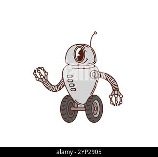 Cartoon Retro groovige Roboterfigur, niedliches psychedelisches KI-Spielzeug, Vintage Hippie-Transformator, funky humanoide Cyborg oder Droiden Vektor-Persönlichkeit. Grooviger Hippie-Roboter mit Antenne und Manipulatoren Stock Vektor