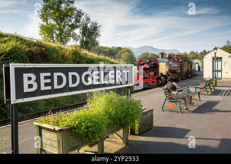 Großbritannien, Wales, Gwynedd, Snowdonia, Beddgelert, Bahnhof, Welsh Highland Railway Zug den Harbourmaster am Bahnsteig Stockfoto