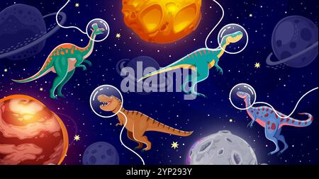 Dinosaurier-Astronauten im Raum-Vektor-Hintergrund mit Zeichentrickfilm prähistorische Dino-Tiere Charaktere, Universum-Galaxie-Planeten und Sterne. Lustiger tyrannosaurus, Lambeosaurus, Alektrosaurus in Raumfahrthelmen Stock Vektor