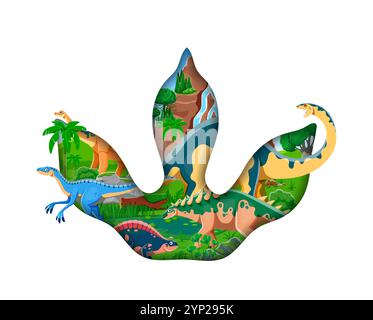 Dinosaurier Footprint Papier geschnittenes Banner mit prähistorischen Dino-Zeichentrickfiguren und Wasserfall Natur Landschaft. Vektor 3D Papier geschnitten Dinosaurier Footprint Rahmen mit Wetteraptor, Apatosaurus, Lotosaurus Dinos Stock Vektor