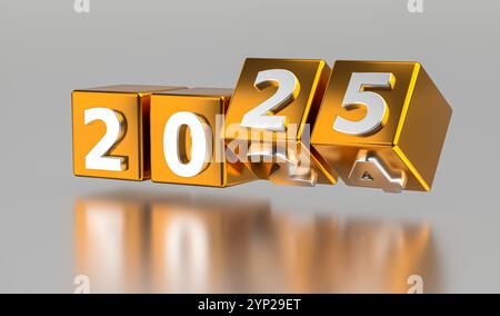 Neujahrsferienkonzept. Würfel mit der Nummer 2025 ersetzen 2024. Abstrakte Illustration Stockfoto