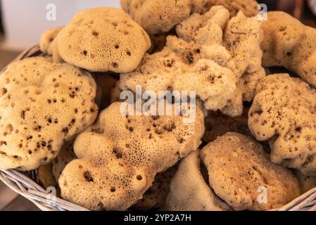 Natürliche Schwämme im lokalen Markt. Symi Insel. Griechenland Stockfoto