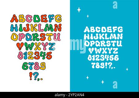 Retro-Alphabet mit grooviger Schrift. Hippie Liquid Cartoon Moderne funky Schriftart Alphabet im Stil der 1960er Jahre. Perfekt für Poster, Karten und andere Designs. Stock Vektor