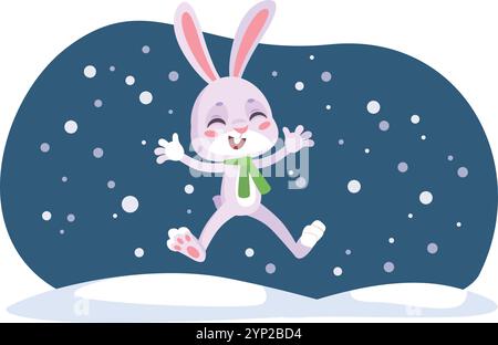 Glücklicher Hase, der im Schnee springt. Winterferien Kaninchen isoliert auf weißem Hintergrund Stock Vektor