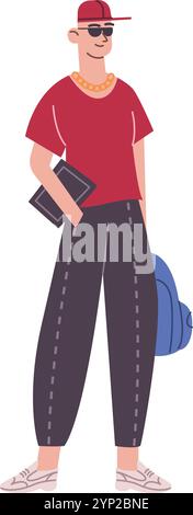 Junger Mann mit Rucksack. Hipster- oder Studentenfarbe isoliert auf weißem Hintergrund Stock Vektor
