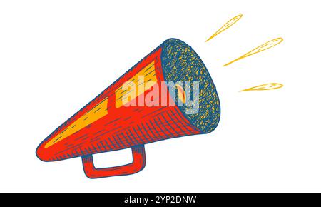 Vektor-Symbol des Vintage-Megaphons für Fake, Breaking News oder Verkauf. Vektor-Retro-Megaphon im Doodle-Stil auf weißem Hintergrund. Stock Vektor