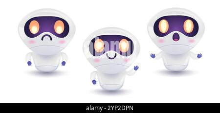 Vektor-Illustration eines niedlichen Roboters in anderer Stimmung. Vektorsymbole für Chatbot in realistischem Stil. Stock Vektor