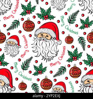 Weihnachtsmann- und Weihnachtsmotive, handgezeichnetes nahtloses Weihnachtsmuster Stockfoto