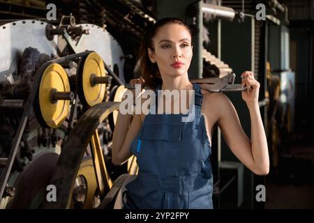 Nettes Brünette Mädchen mit einem großen verstellbaren Schraubenschlüssel steht neben der Spinnmaschine in der Fabrik Stockfoto