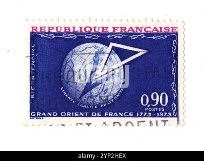 Eine Vintage-Briefmarke des Grand Orient de France aus Frankreich, isoliert auf weißem Hintergrund. Stockfoto