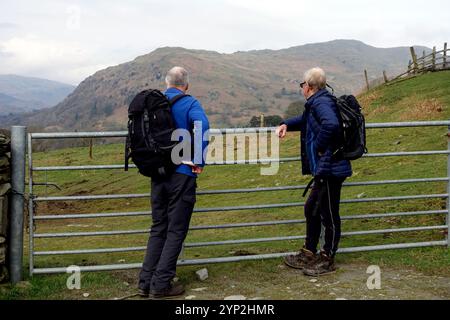 Zwei Männer stehen am Iron Gate und sehen die Wainwrights „NAB Scar“ und „Heron Pike from the Track to „Low Pike“ aus Ambleside, Lake District, Großbritannien. Stockfoto