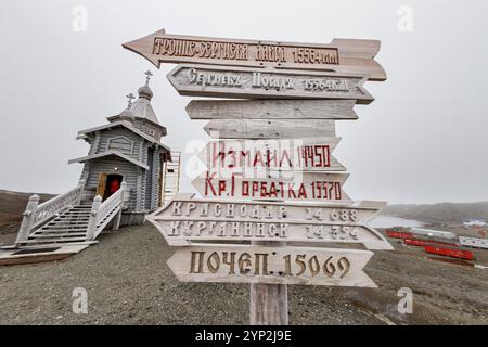 Blick auf Wegweiser und die Dreifaltigkeitskirche in Belingshausen Russian Research Station, Antarktis, Südpolarregionen Stockfoto