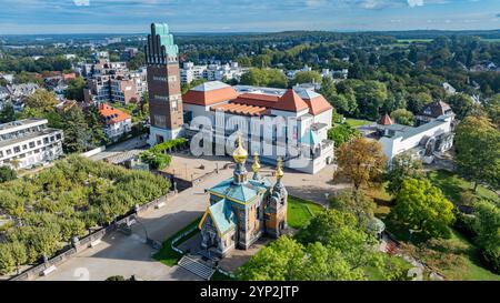 Luftaufnahme der Matthildenhöhe, UNESCO-Weltkulturerbe, Darmstadt, Hessen, Deutschland, Europa Stockfoto