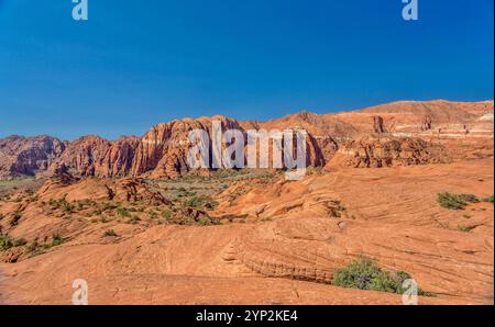 Die Red Mountains, die sich hinter den versteinerten Sanddünen im Snow Canyon State Park im Süden Utahs erheben Stockfoto