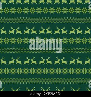 Weihnachten Pullover Muster Design nahtlose Pixel Kunst Hintergrund. Rentierzeilen, Schneeflocken, Sterne, Stechpalmenbeeren und Trees Green im nordischen Weihnachtsstil Stock Vektor