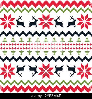 Weihnachten Pullover Muster Design nahtlose Pixel Kunst Hintergrund. Weihnachtsreihen mit Rentieren, Schneeflocken, Sternen, Stechpalmenbeeren und Bäumen auf einem weiß Stock Vektor