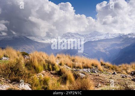 Traumhafte Berglandschaften von Sierra Nevada Mulhacen, Alcazaba, Pico del Veleta mit schneebedeckten Gipfeln und goldenem alpinen Trockenrasen, Granada, Andalusien, Stockfoto