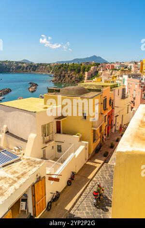 Blick auf Marina di Corricella von der Kirche Santa Maria delle Grazie, Procida, Phlegräischen Inseln, Golf von Neapel, Kampanien, Süditalien, Italien Stockfoto