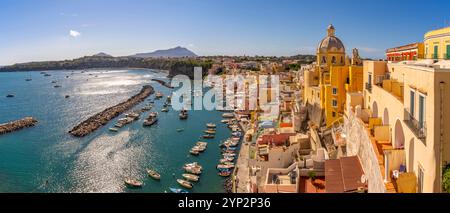 Blick auf Marina di Corricella und Kirche Santa Maria delle Grazie, Procida, Phlegräische Inseln, Golf von Neapel, Kampanien, Süditalien, Italien Stockfoto